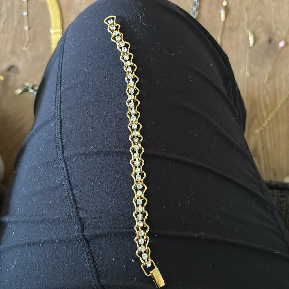 Vintage Gold Tone and Rhinestone Book Chain Like Tennis Bracelet, 7.5"